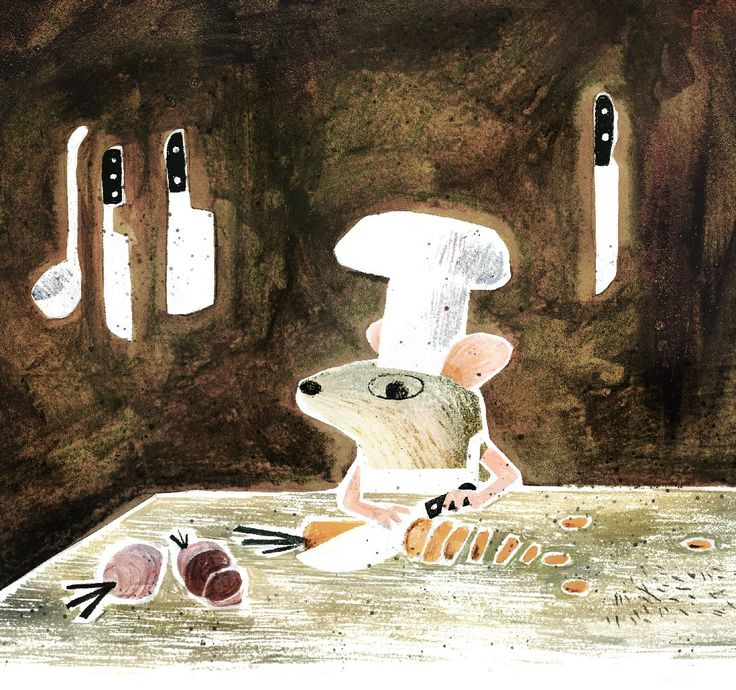 a drawing of a mouse in a kitchen with carrots and other food on the table