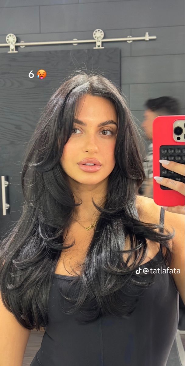 Long Hair Thick Layers, Layers On Long Thick Hair, Dark Layers Hair, Layers In Black Hair, Michelle Infusino Hair, Long Hair A Lot Of Layers, Side Bangs And Long Hair, Long Layered Haircuts With Face Framing Dark Hair, Long Layered 90s Haircuts