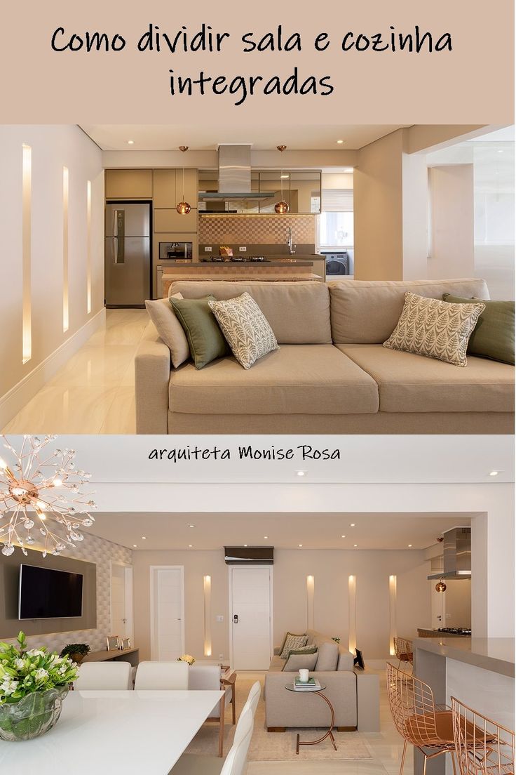 two pictures show the same living room and kitchen