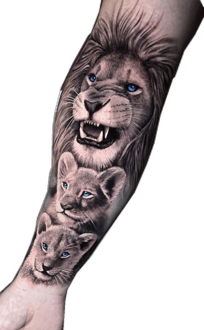 a man's arm with an animal tattoo on it and two lions in the background