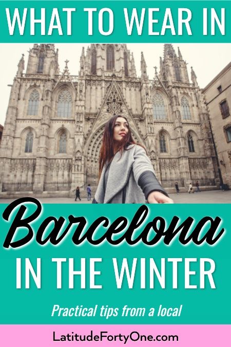 a woman standing in front of a church with the words barcelona in the winter on it