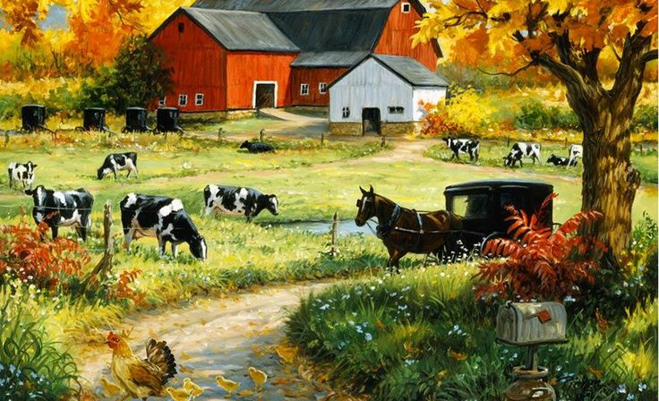 a painting of cows grazing in front of a red barn with autumn leaves on the trees