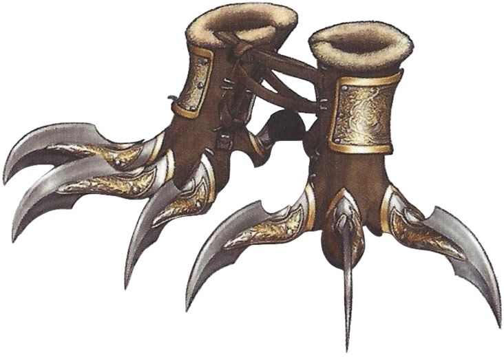 two pairs of boots with gold and silver decorations on the top one pair has large claws