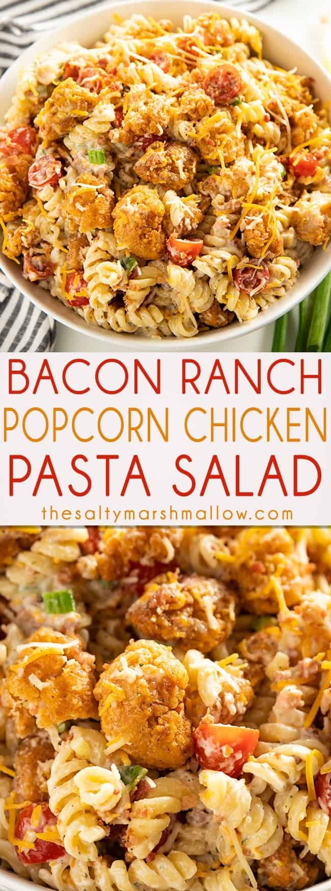 bacon ranch popcorn chicken pasta in a white bowl