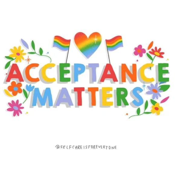 the words acceptance matters are made up of flowers and hearts with flags on them