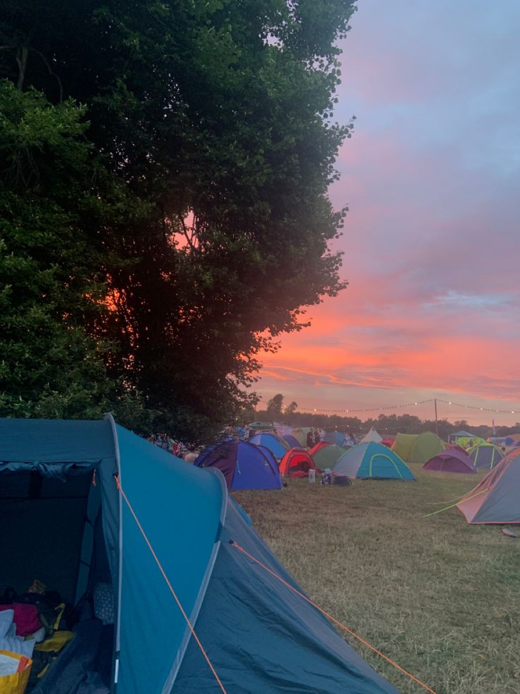 a group of tents sitting in the grass under a pink sky at sunset or dawn