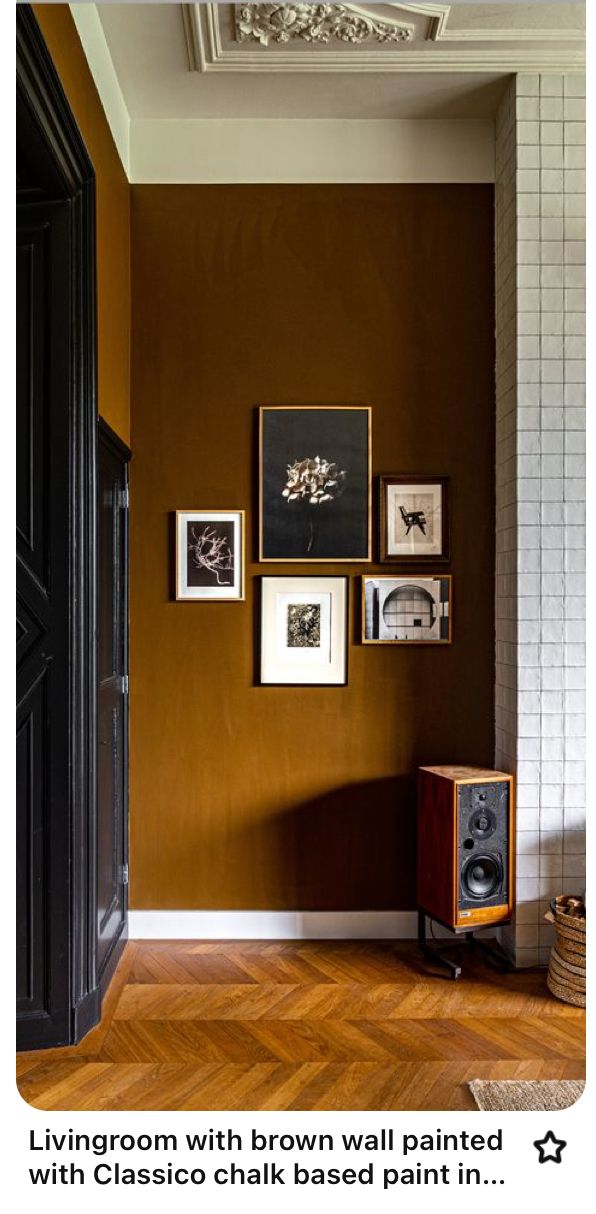 living room with brown wall painted with classic chalk based paint in dark wood flooring