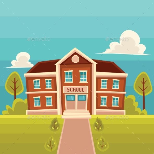 a school building with trees and bushes in the background - miscellaneous objects illustrations on separate layers