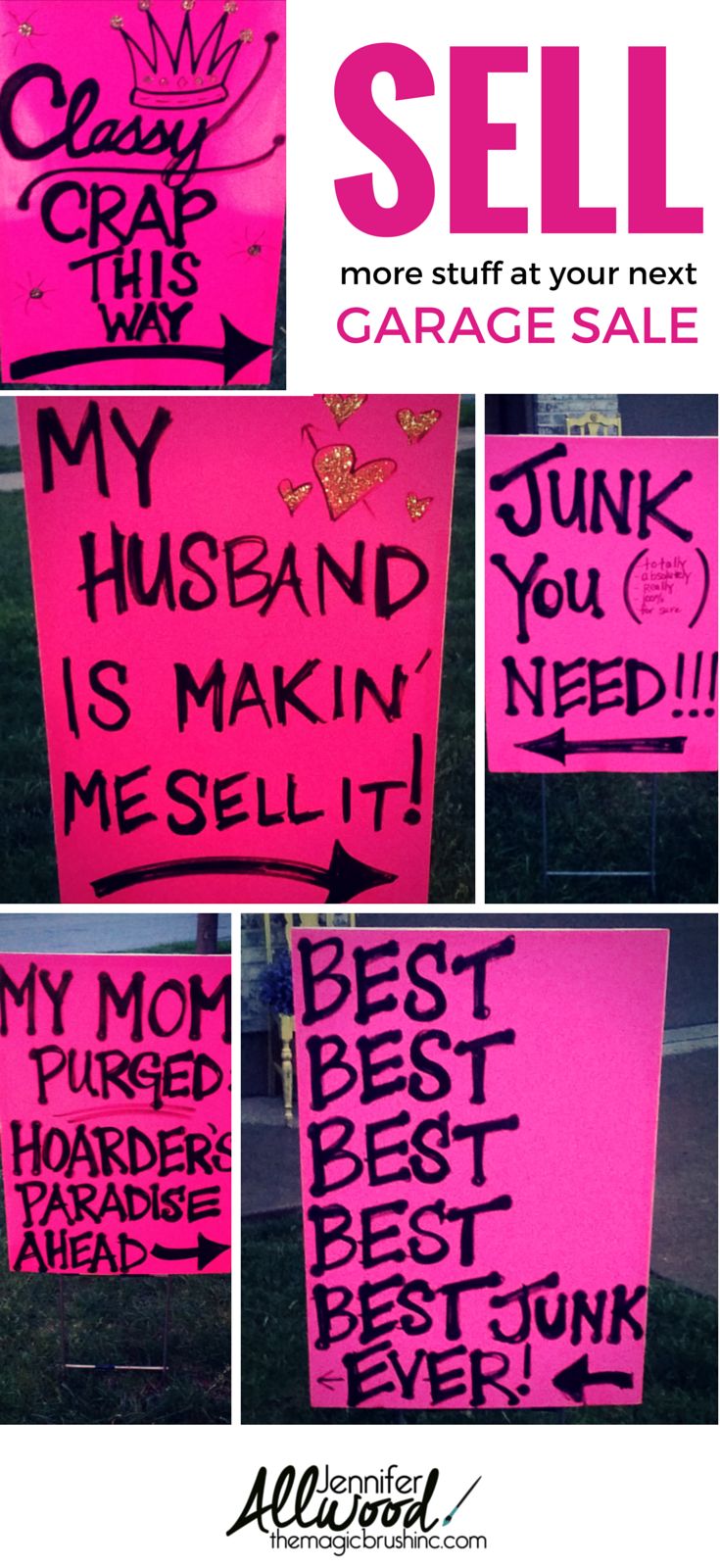 a pink sign with writing on it that says,'my husband is making me sell more stuff at your next garage sale '