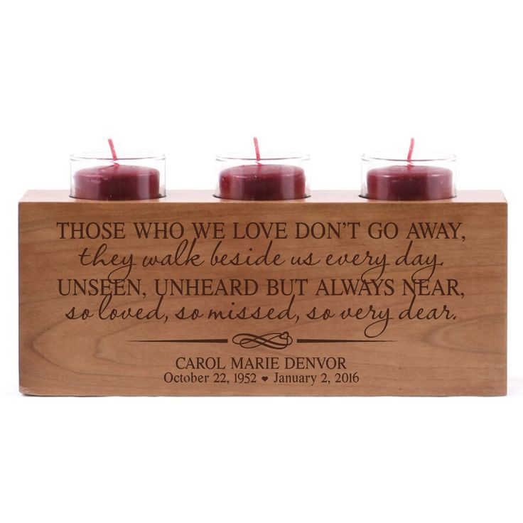 Size: 10” long x 4” high x 4” wide Made of solid wood Includes 3 candle votives at no extra charge Laser engraved personalization of names and memorial date range. Orders processed 2-3 days. This solid wood candle holder will hold 3 votive tealights. A perfect memorial gift that will last a lifetime. LifeSong Milestones has created a unique sympathy memorial candle holder to cherish the memory of a loved one.Designed exclusively by © 2020 LifeSong Milestones Cherry Candle, Personalized Memorial Candles, Sympathy Candle, Memorial Candle Holder, Candle Votives, Anniversary Candle, Baby Memorial, Unique Candle Holders, Glass Votives