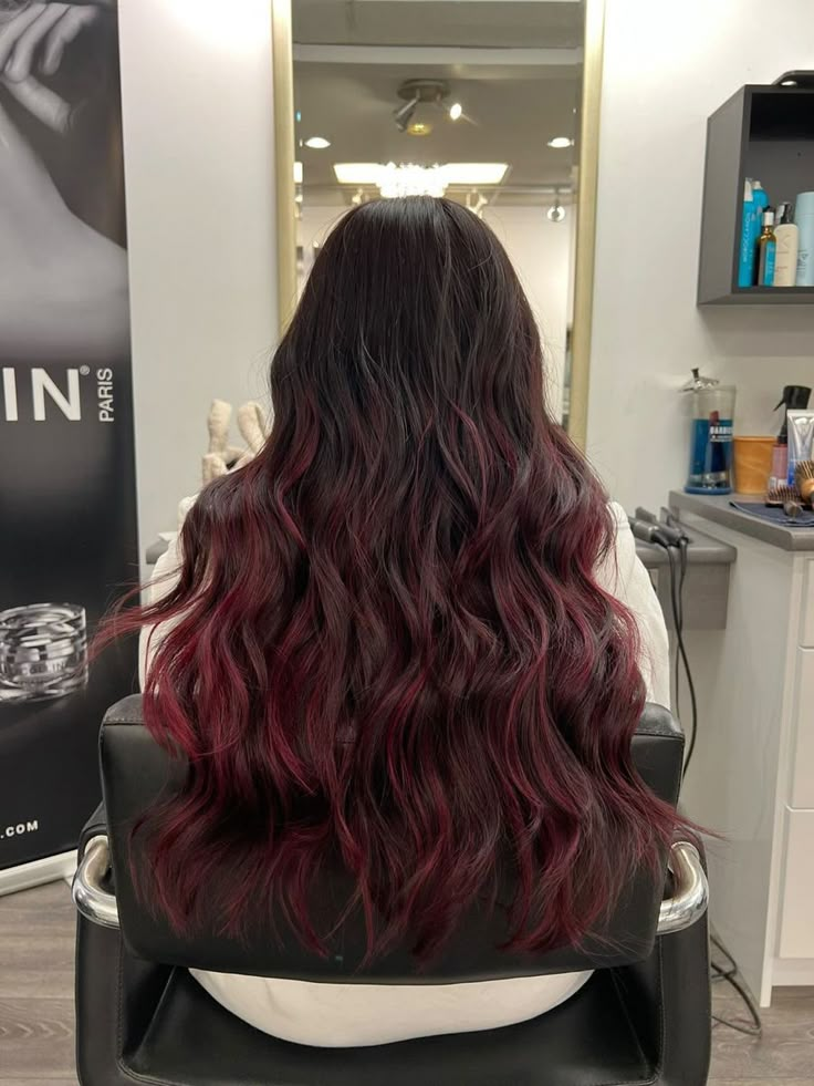 Black Root Burgundy Hair, Dark Red Hair Color Burgundy Wine Highlights, Wine Red Hair With Dark Roots, Black And Mahogany Hair, Burgundy Hair Colour For Indian Skin, Indian Red Hair, Burgundy Hair Balayage, Ruby Wine Hair Color, Ombre Burgundy Hair