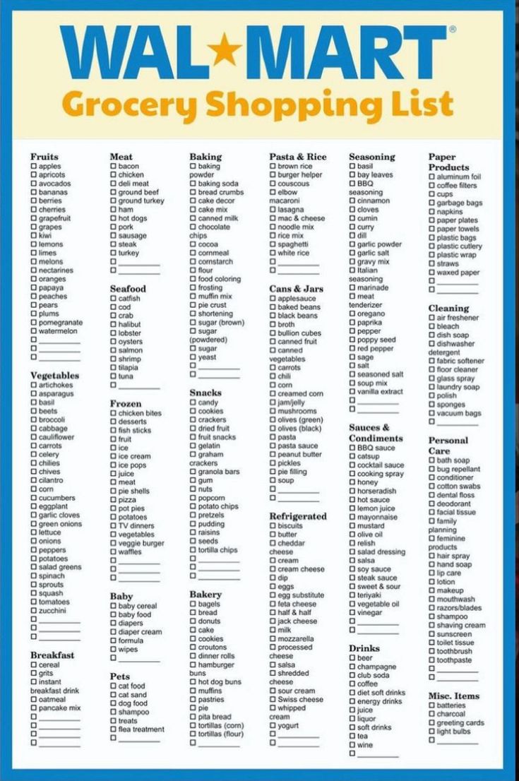 the grocery shopping list for walmart is shown in blue, yellow and white colors