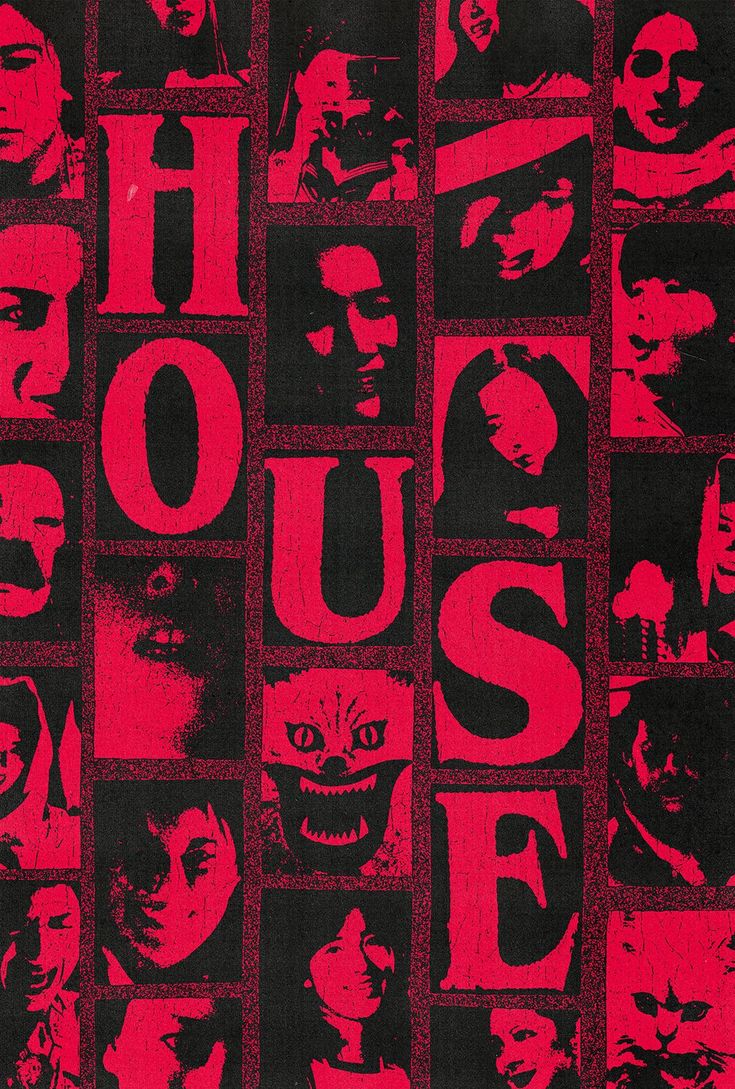 a red poster with many faces on it