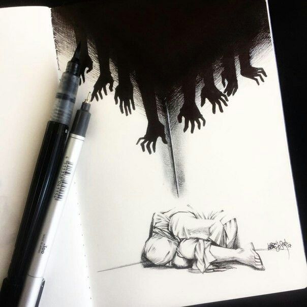 a drawing of a person laying on the ground under a tree with hands reaching out