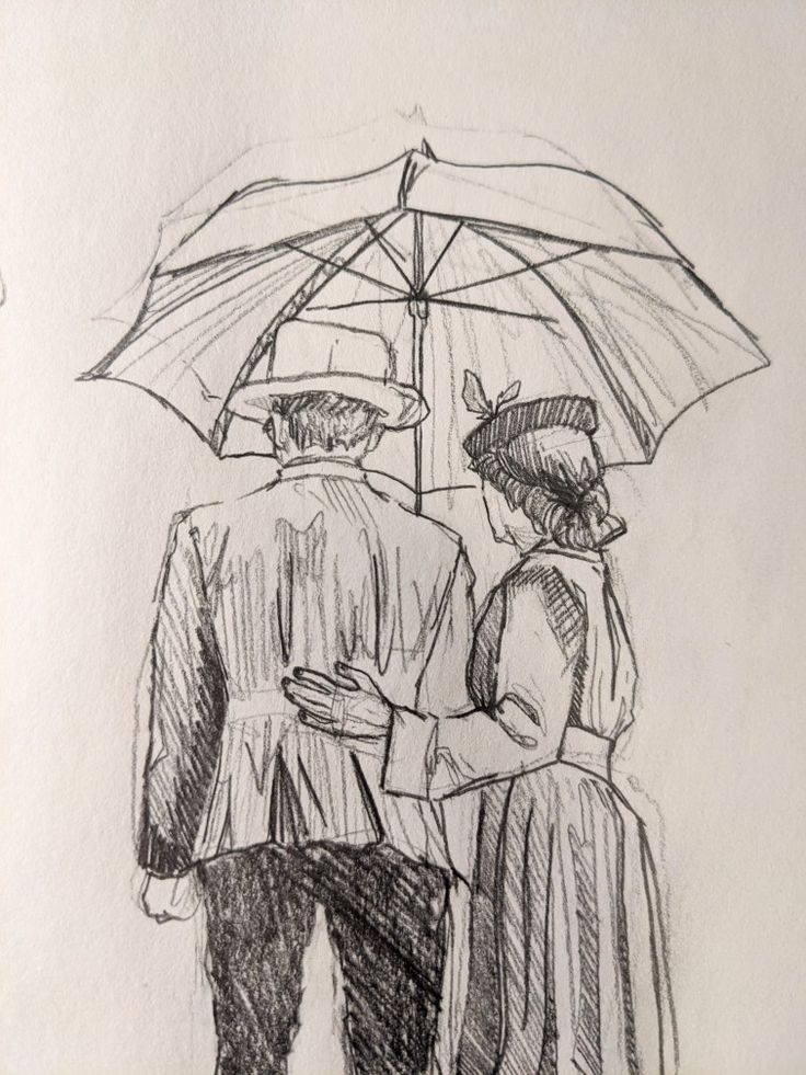 a pencil drawing of two people standing under an umbrella with one holding the other's hand