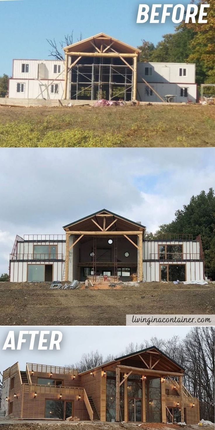 before and after pictures of a house being built in the middle of an open field