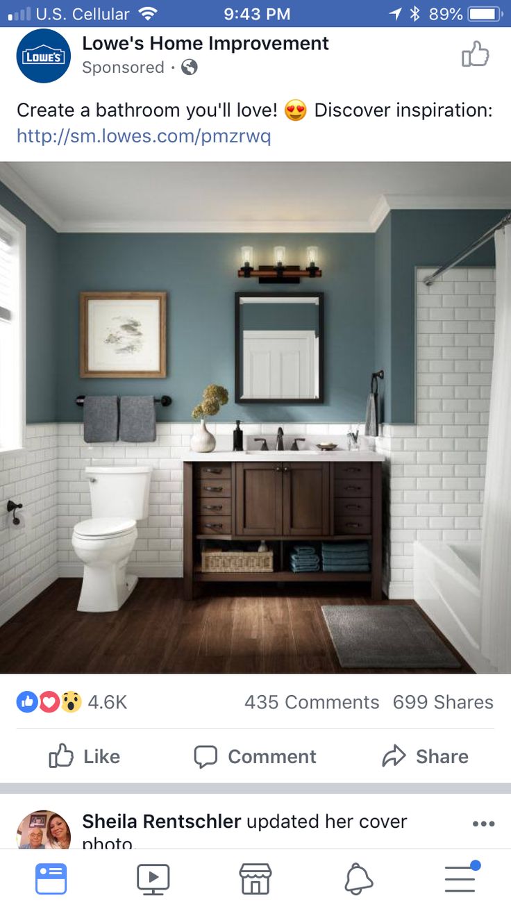 a bathroom with blue walls and white tile on the floor is featured in instagram