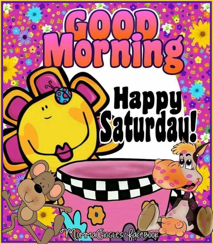 an image of a happy saturday card with a flower on the cup and flowers in the background