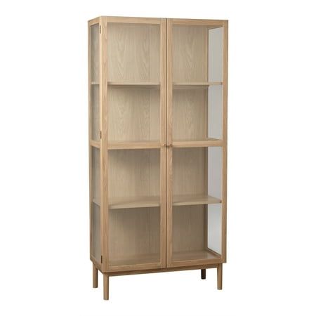 a wooden bookcase with glass doors on the front and bottom shelves, against a white background