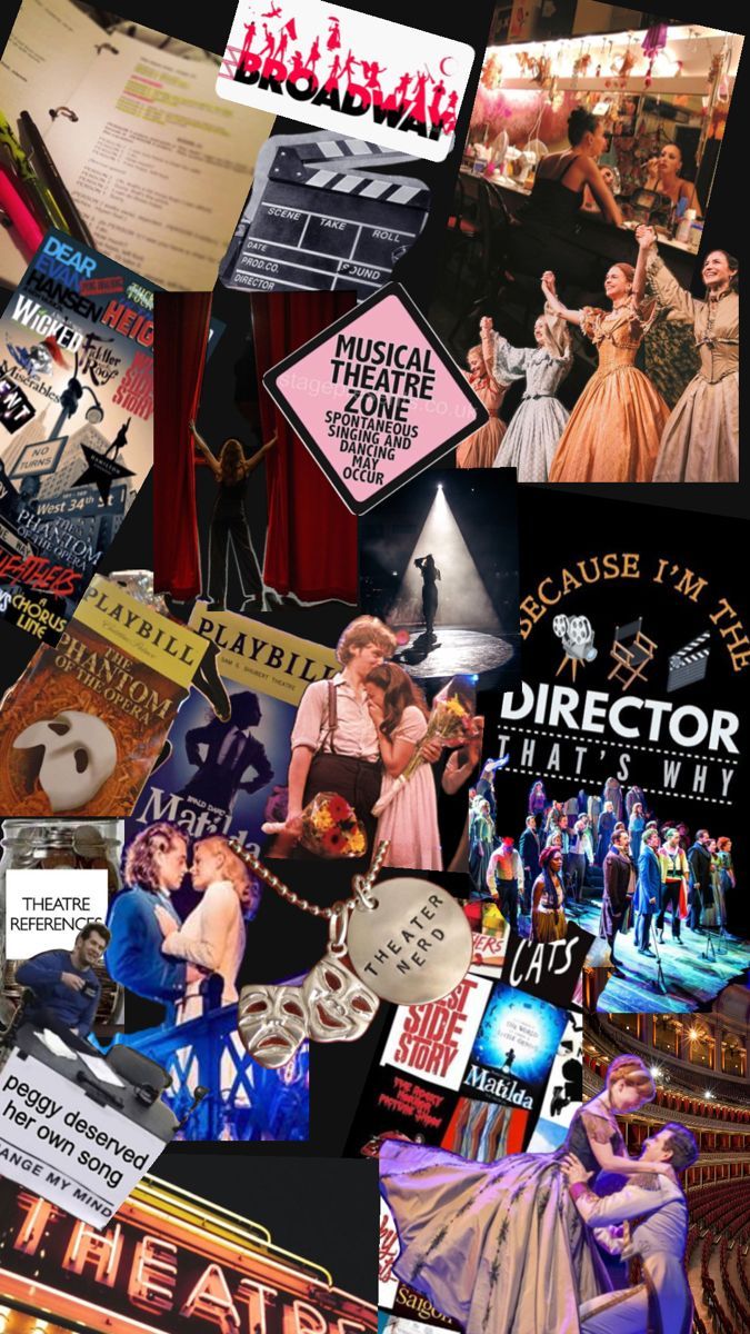 collage of various movie posters, including the title and logo for musical theatre's production