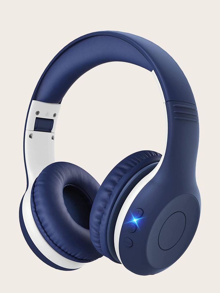 the blue and white headphones are on display