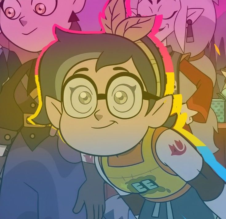 an animated image of a boy with glasses and other people in the back ground behind him