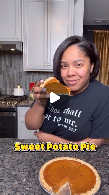 a woman holding a slice of pie in her hand and smiling at the camera with text overlay that reads sweet potato pie