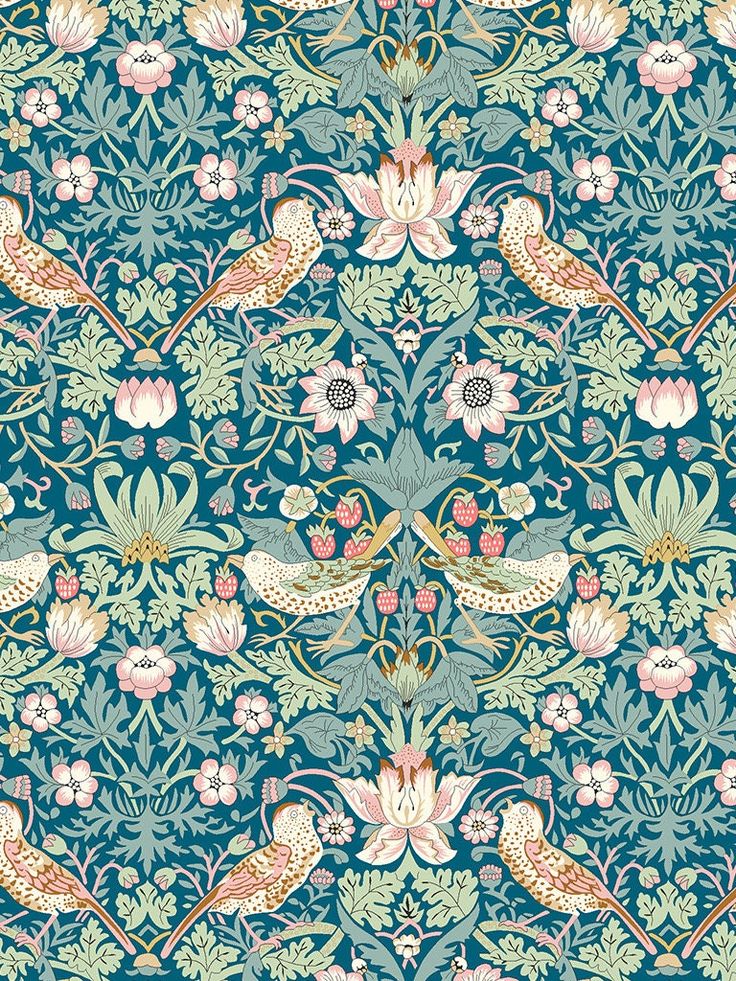 a blue floral wallpaper with birds and flowers on the sides, all in different colors