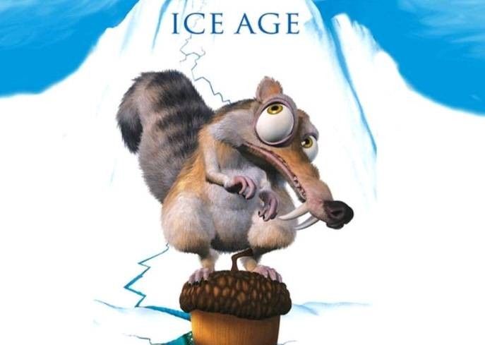 the ice age movie poster features a squirrel on top of a tree stump