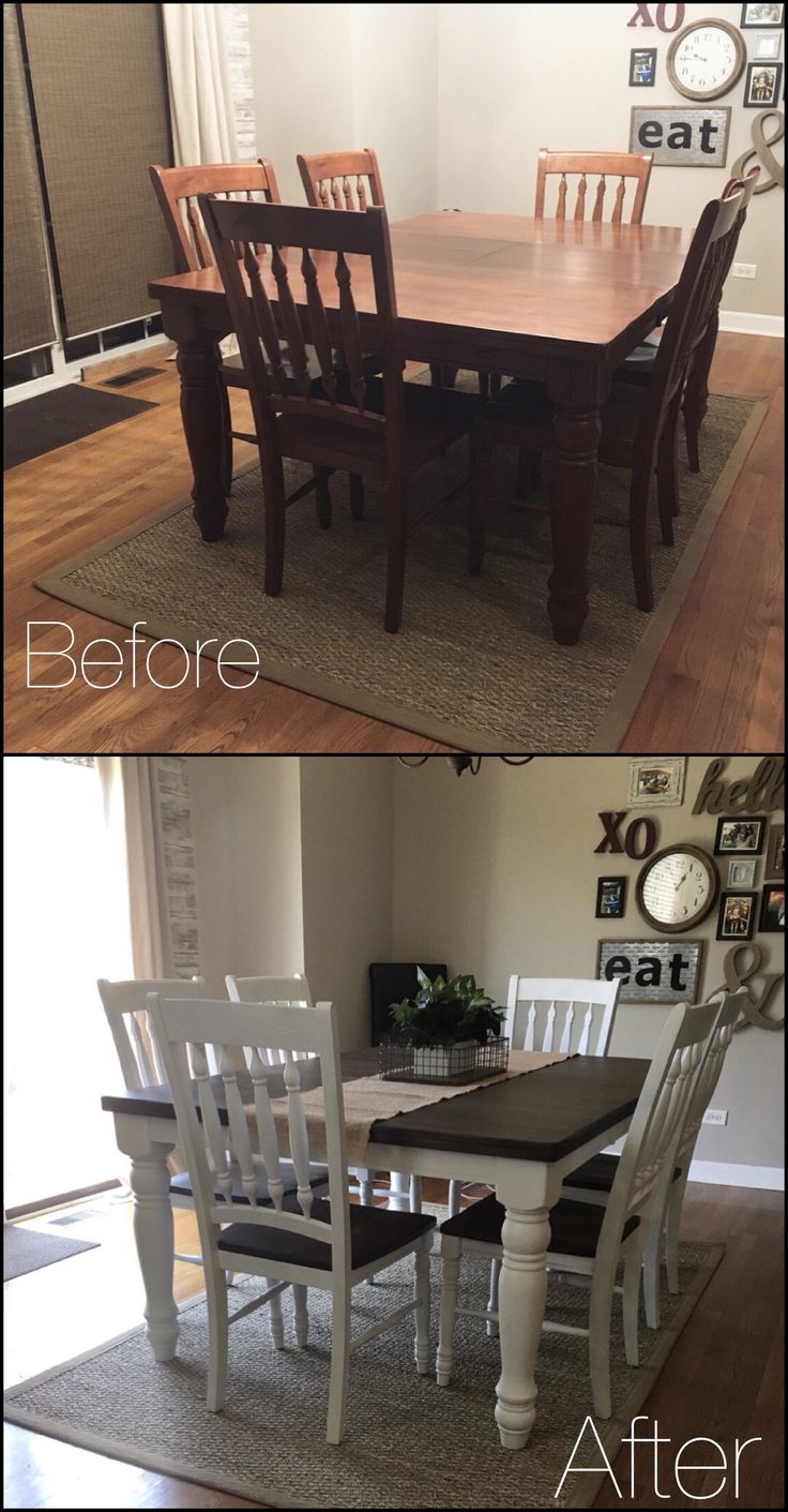 before and after photos of a dining room table with chairs in the middle, then at the top