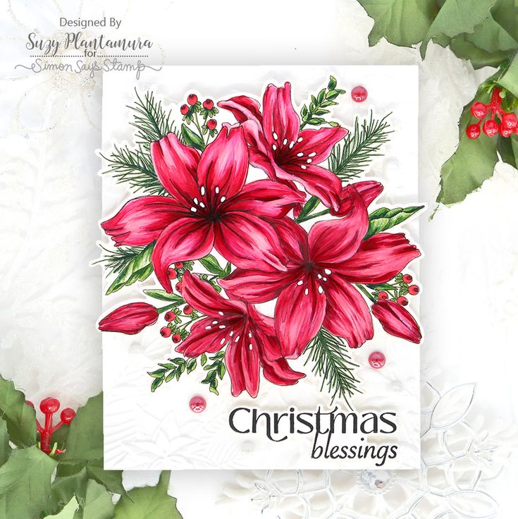 christmas card with poinsettis and holly