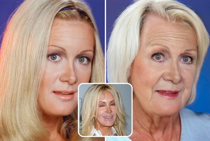 an older woman with blonde hair is shown before and after her make - up on the set of this show