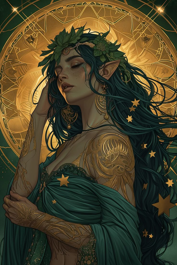 a woman with green hair and tattoos standing in front of a golden circle, surrounded by stars