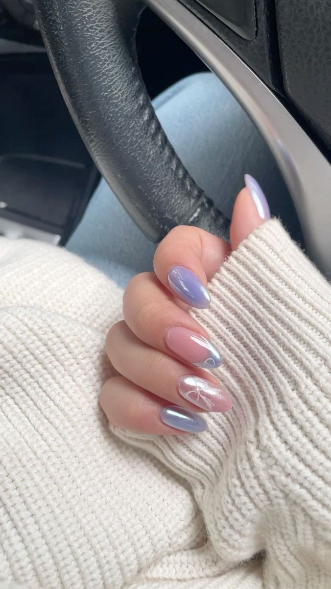 Light Blue Coquette Nails, Blue Ribbon Nails, Purple Coquette Nails, Purple Bow Nails, Ribbon Nails Designs, Blue Bow Nails, Bridgerton Nails Ideas, Blue Coquette Nails, Party Nails Designs