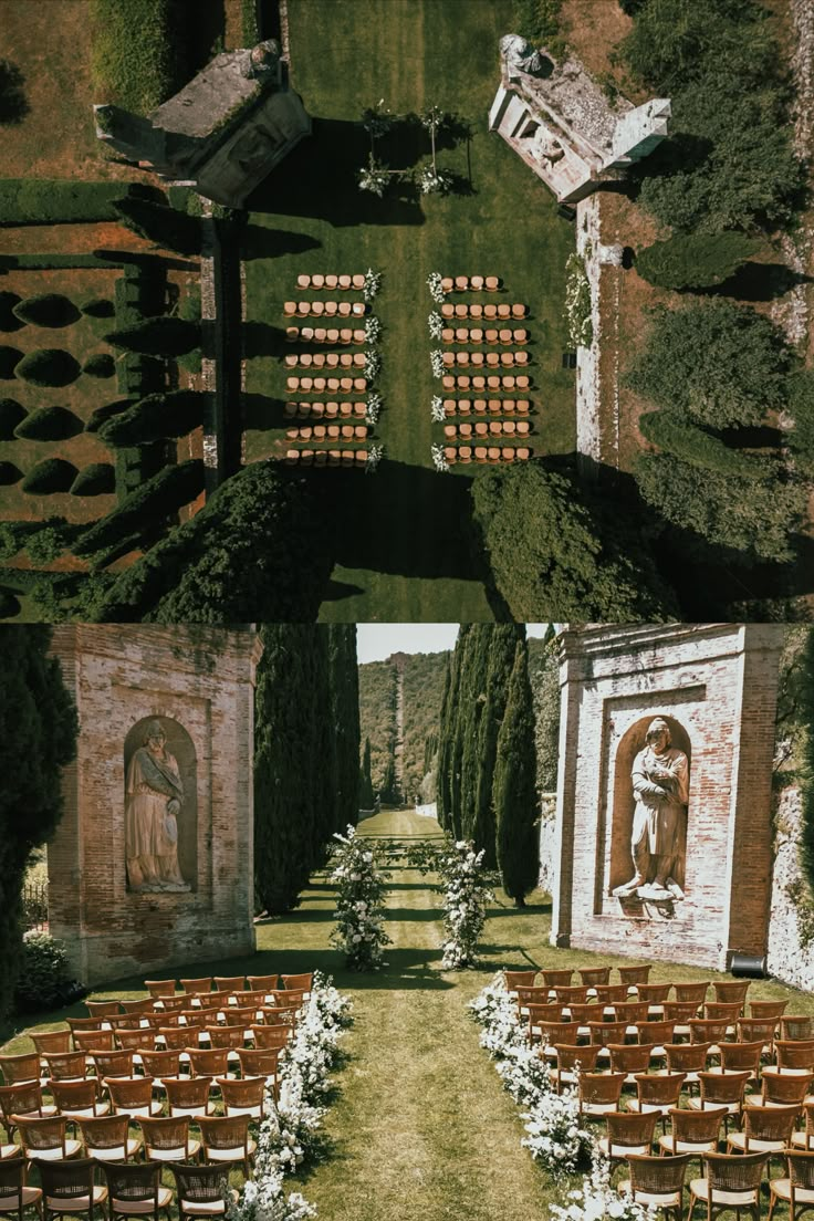 an aerial view of a wedding ceremony with chairs and flowers on the aisle, surrounded by greenery