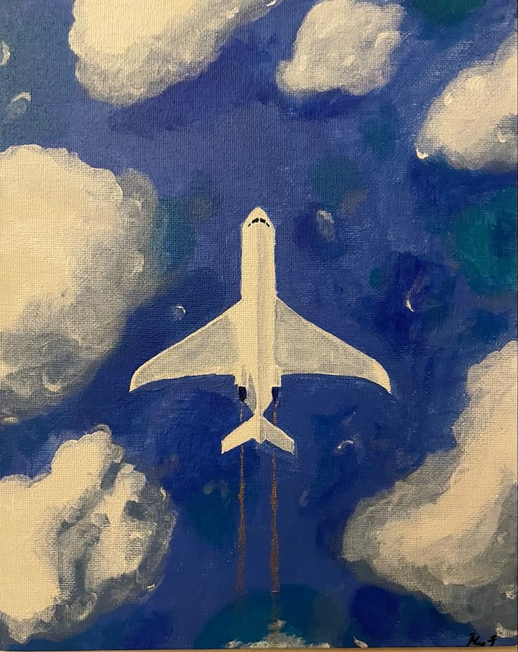 Acrylic plane paining soaring in the sky with a gold trail surround by fluffy clouds Beautiful View Painting, Travel Oil Painting, Plane Spotting Aesthetic, Plane Watercolor Painting, Travel Drawing Aesthetic, Acrylic Realistic Painting Ideas, Travel Acrylic Painting, Plane Aesthetic Drawing, Travel Aesthetic Painting