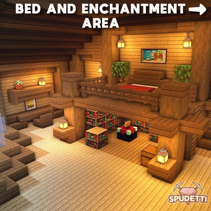 a bed and enchantment area in a minecraft house with lots of furniture