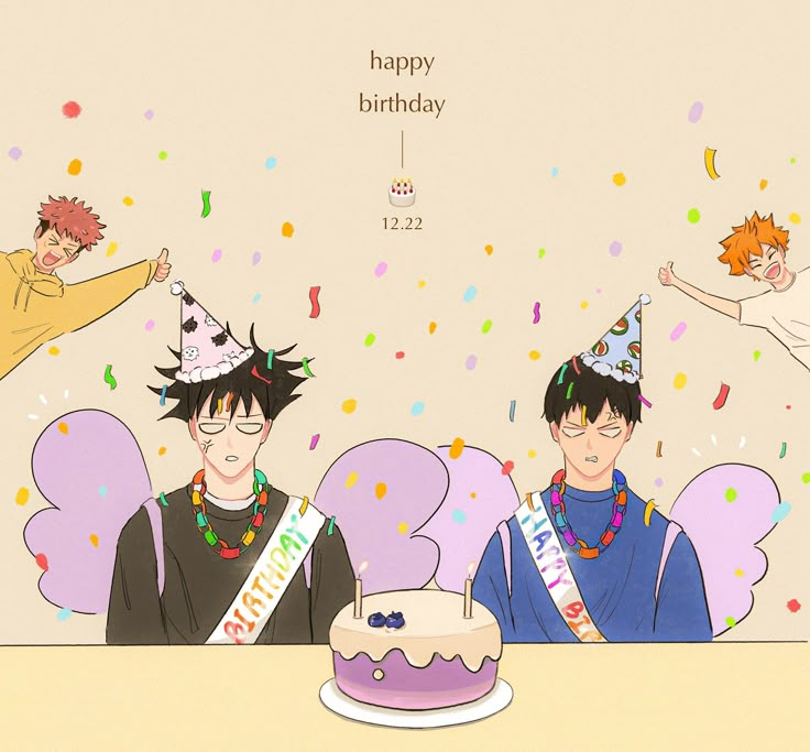 three young men sitting at a table with a cake and confetti on it