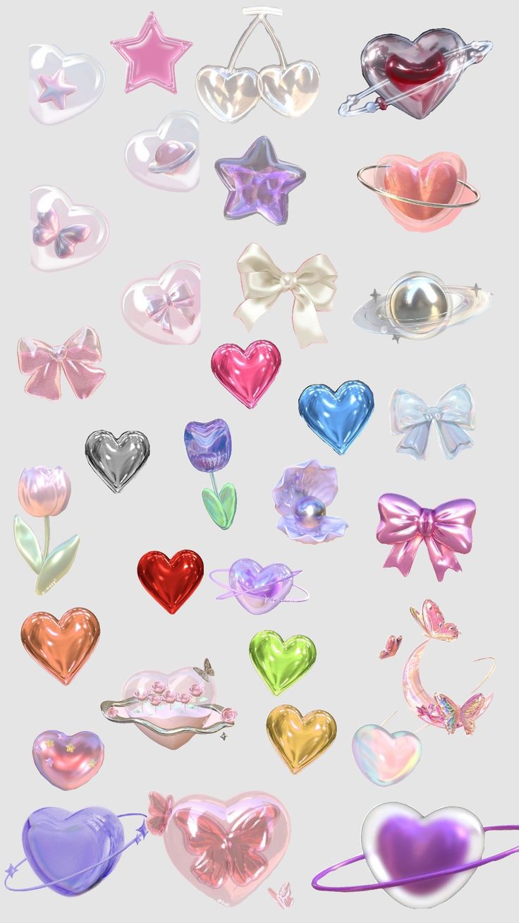 many different colored hearts and bows are arranged in the shape of heart shaped objects on a white background