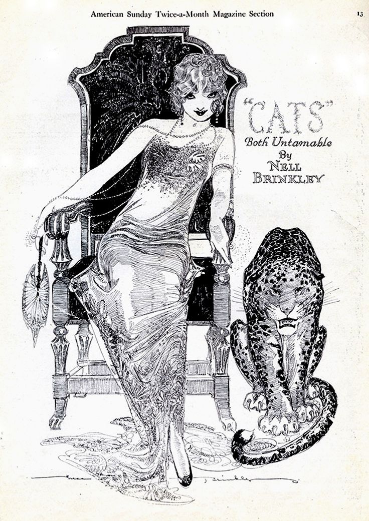 an old fashion magazine cover with a woman sitting in a chair next to a cat