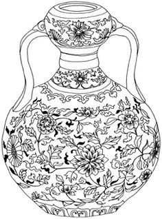 an ornate vase with flowers and leaves is shown in black and white on a white background