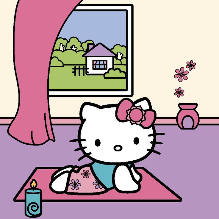 a hello kitty sitting on a yoga mat in front of a pink tree with flowers