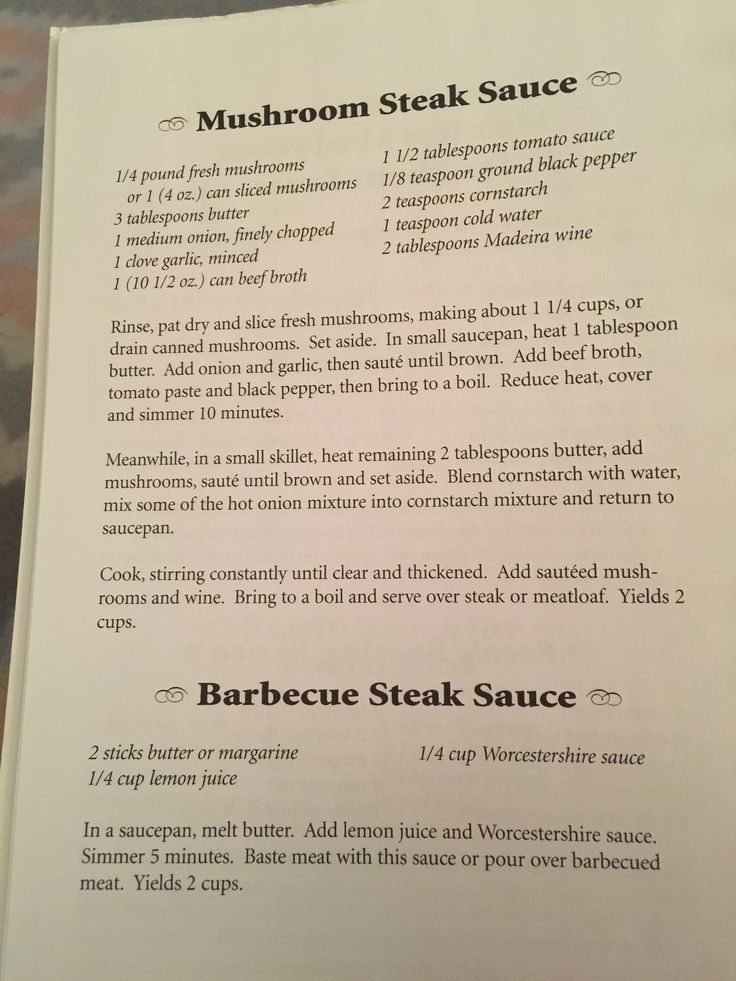 the menu for mushroom steak sauce