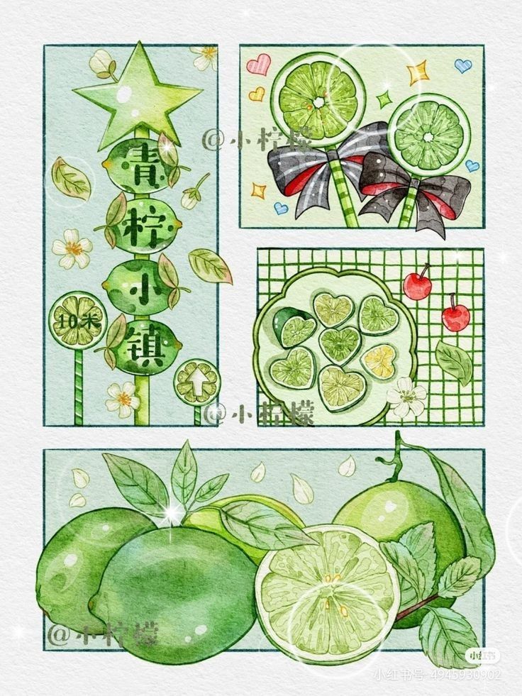 watercolor and ink drawings of green fruits