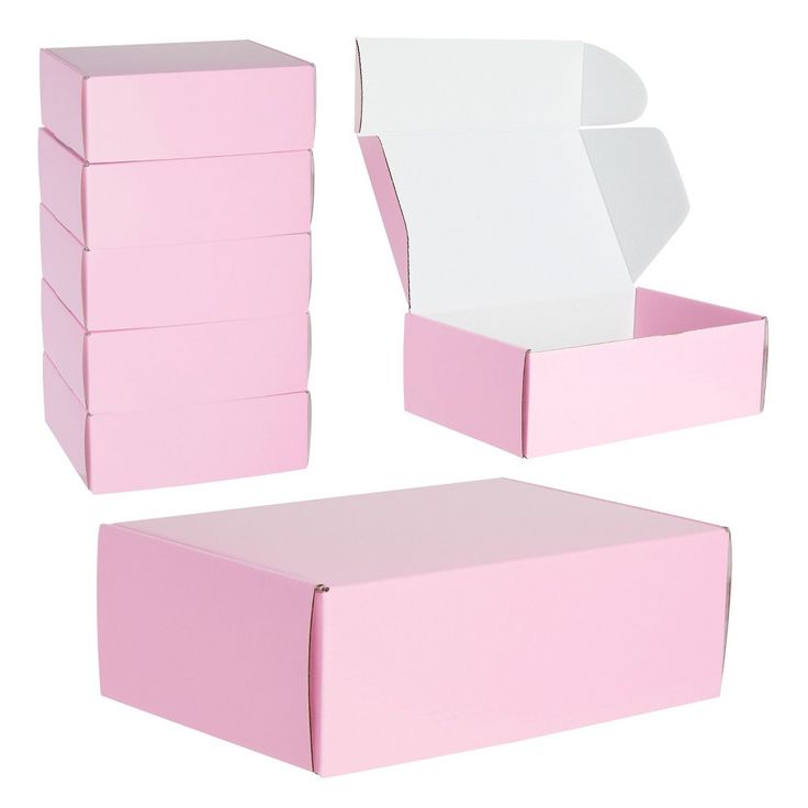 pink and white boxes are stacked on top of each other, with one empty box in the middle