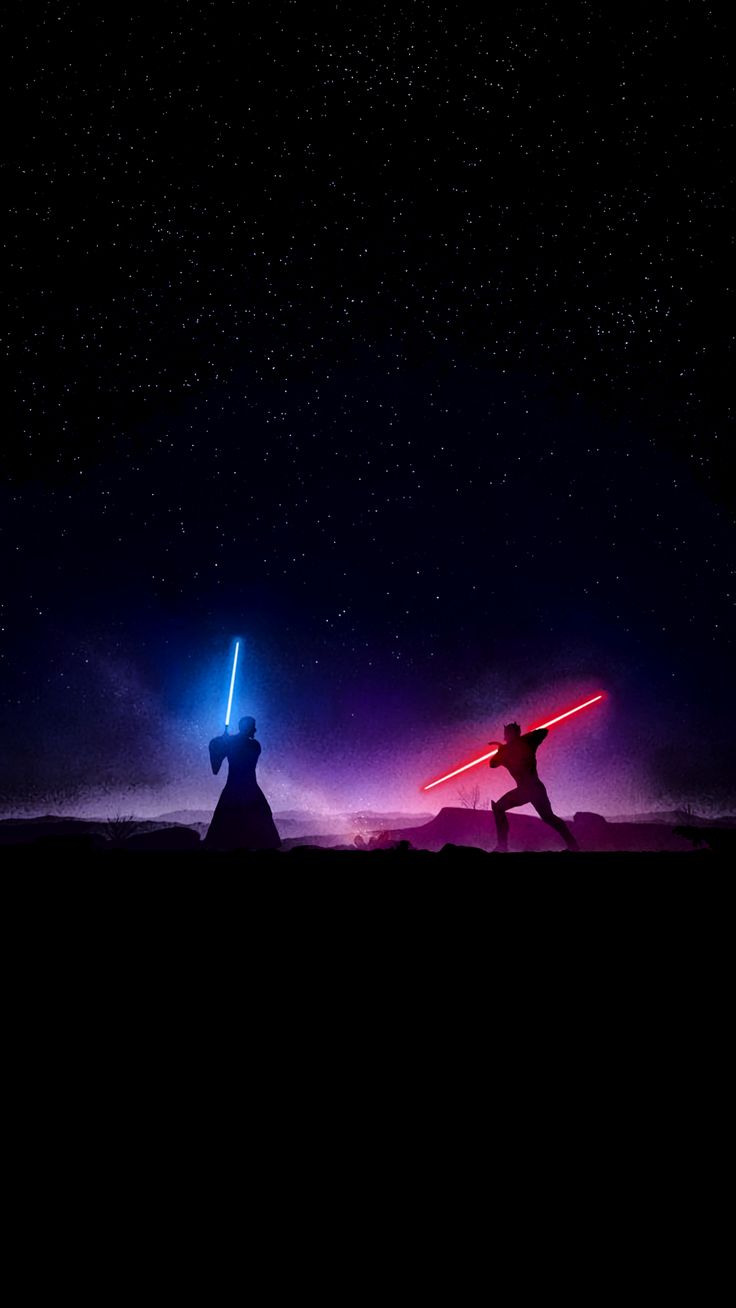 two people in silhouette with lightsabed on their backs, one holding a light saber