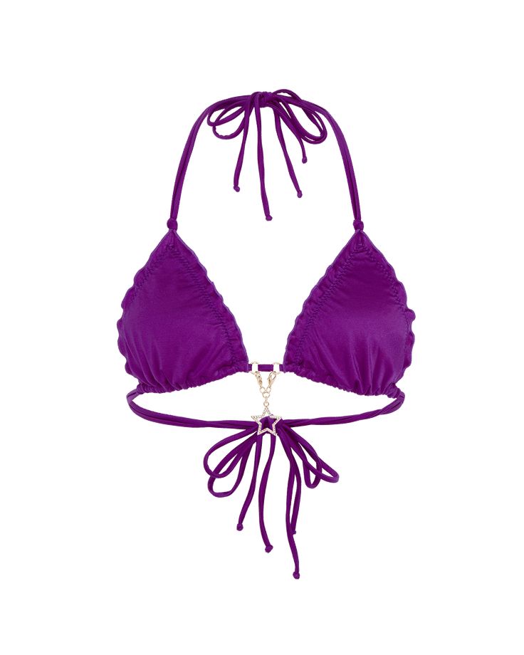 Show your star power in Berry.. . Feeling fruity? As sweet and tempting as her name would suggest, Berry's playful purple shade and ruffled frill trim are pure poolside provocation. A sparkling star charm helps you catch the light, whether you're on the beach or the dancefloor. Purple halter neck bikini top Triangle cups with adjustable ruching Luxury Italian swim fabric Flirty frilled edges Crystal star charm with swim-proof coating hangs between cups Style with the matching Berry bikini bottom Purple Bikinis For Women, Purple Bikinis, Aesthetic Swimsuit, Purple Swimsuit, Sparkling Stars, Summer Inspo, Crystal Stars, Plum Purple, Agent Provocateur