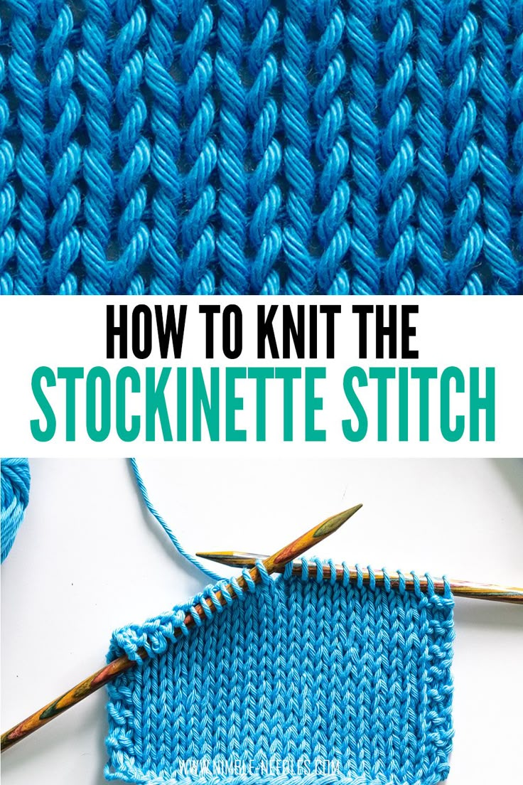 a blue knitted piece with the words how to knit the stockinette stitch