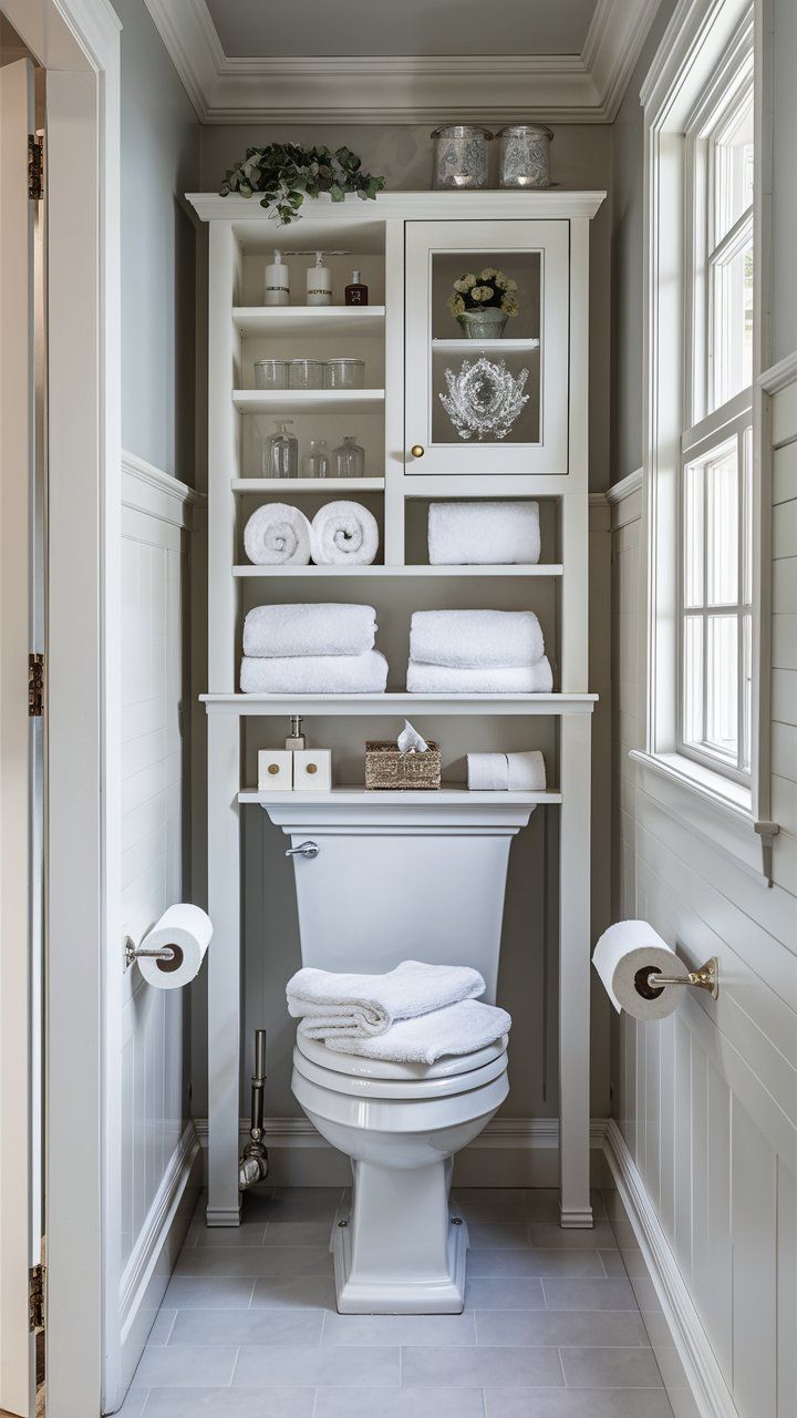 a white toilet sitting inside of a bathroom next to a shelf filled with folded towels