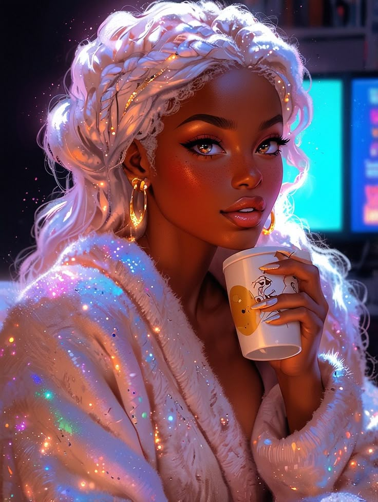 a digital painting of a woman holding a coffee cup